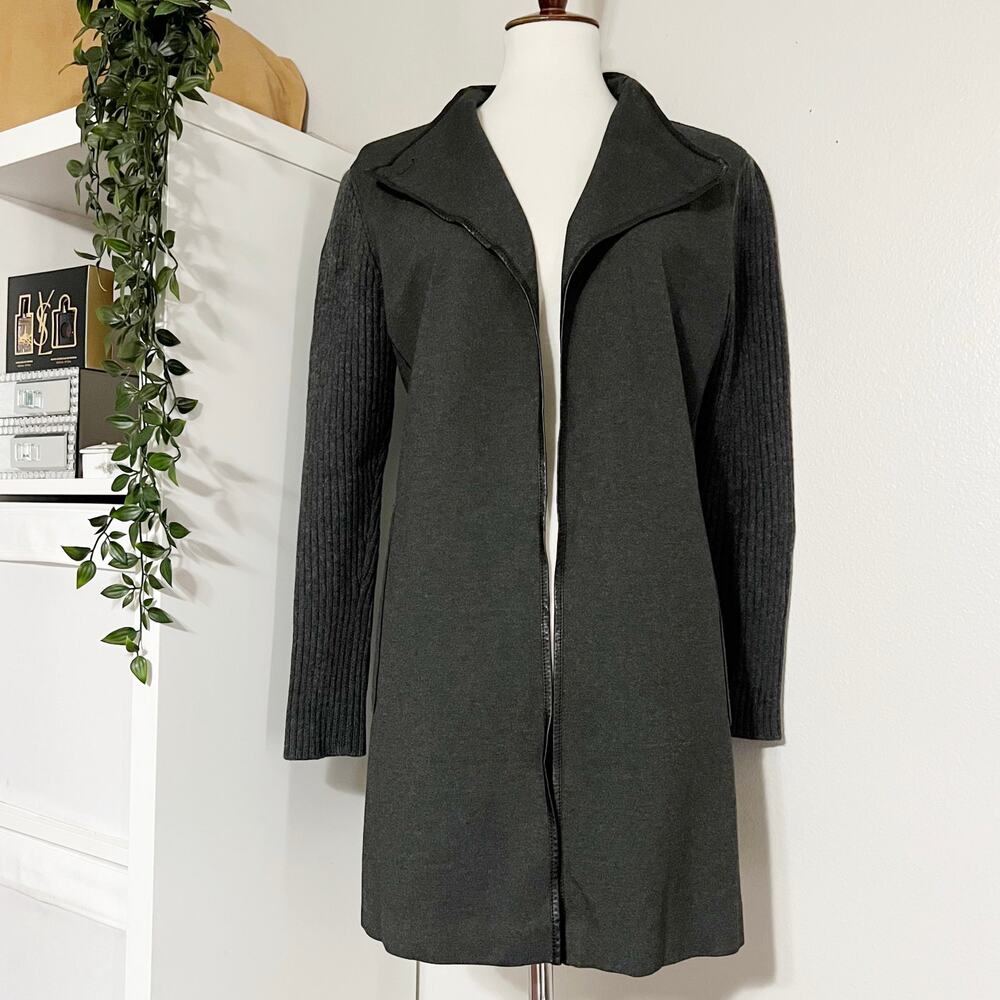 Lafayette 148 New York Grey Ribbed Sleeves Open Front Cardigan Jacket Size Small